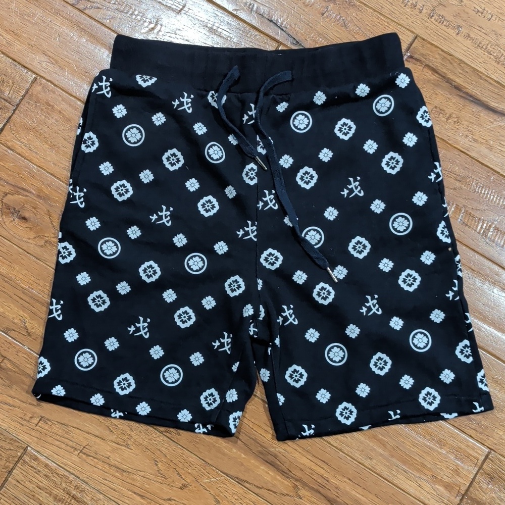 Evisu Allover Print Black and White Patterned Men's Athletic Sweat Shorts